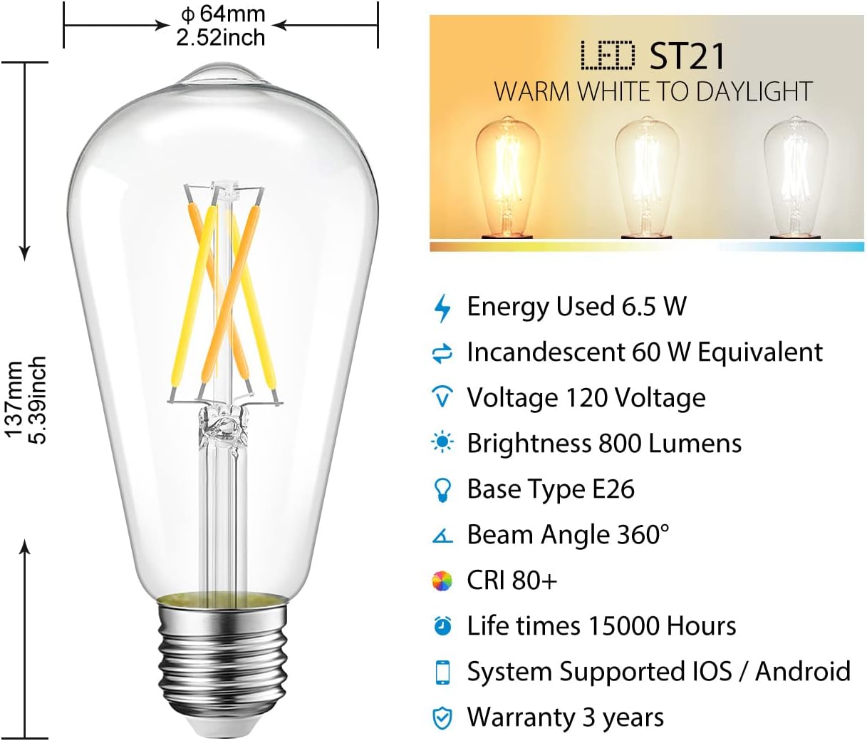LVWIT WiFi Dimmable Vintage LED ST21 Edison Smart Bulb, 60 Watt Equivalent, E26 Base, 2700K - 6500K, Compatible with Alexa, Google Assistant, No Hub Required,2 Pack