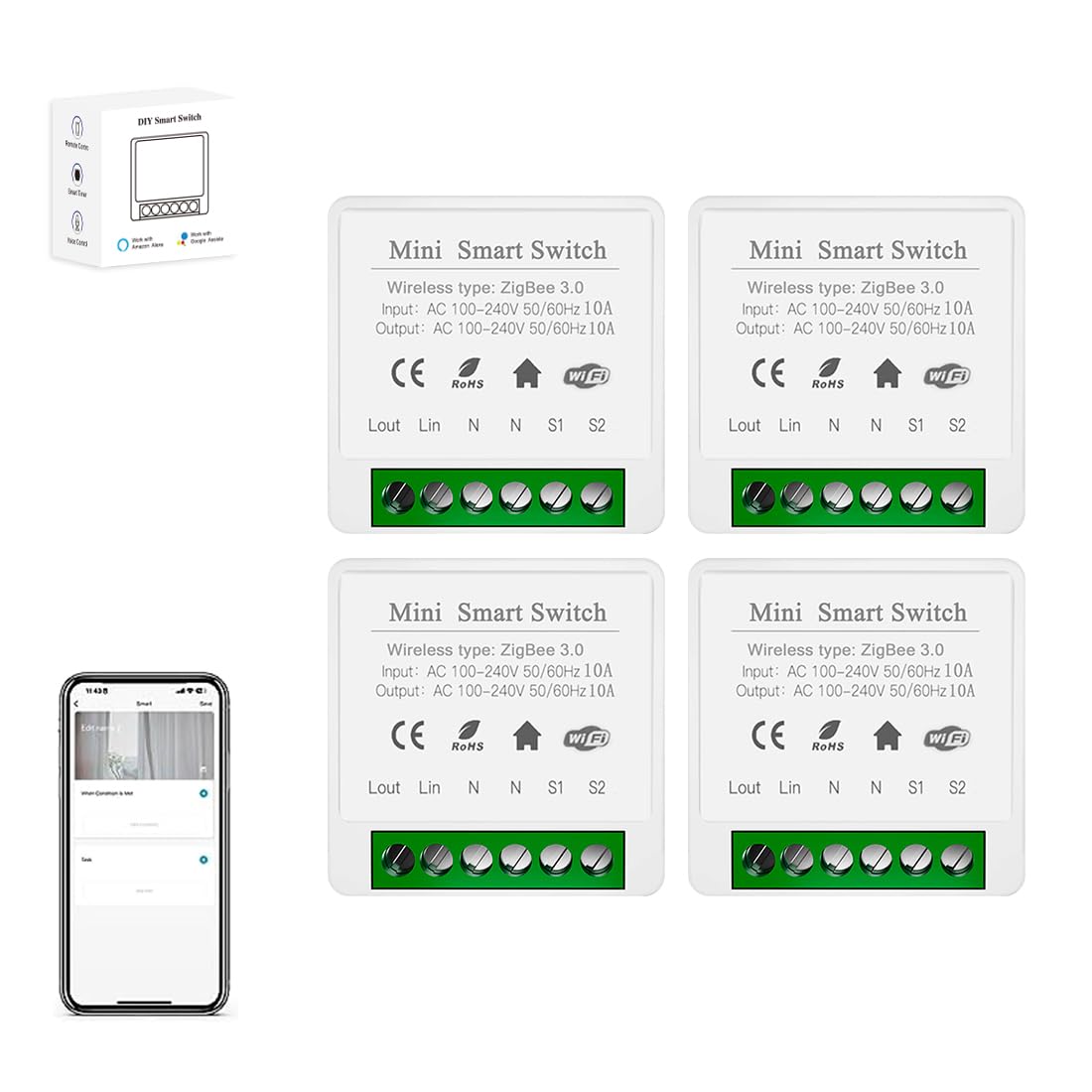 ZigBee3.0 Smart Switch Mini Relay Switch, ZigBee Smart Light Switch Need Zigbee Hub Work with Tuya Smart Life APP Smart Button Scene Remote for Tuya Smart Home Devices (4)