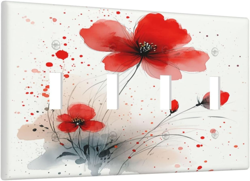 Vintage Watercolor Red Flowers Floral Light Switch Covers Quad Toggle 4 Gang Wall Plate Decorative Switch Plates Electrical Faceplate for Bedroom Bathroom Decor