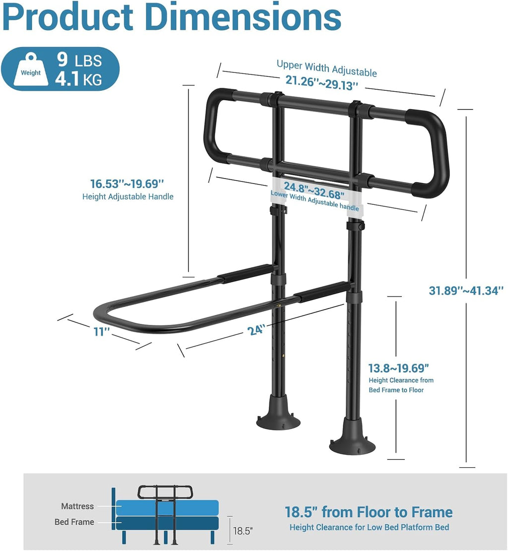 Bed Rails for Elderly Adults Safety:Adjustable Bedside Assist Rails with Storage Pockets,400LB Gravity Capacity, Non-Slip Handle, Sensor Night Light & Storage Pocket – Bed Cane & Handrail for Seniors