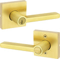Kwikset Halifax Entry Door Handle with Lock and Key, Secure Keyed Reversible Lever Exterior, for Front Entrance and Bedrooms, Satin Brass, Pick Resistant Smartkey Rekey Security and Microban