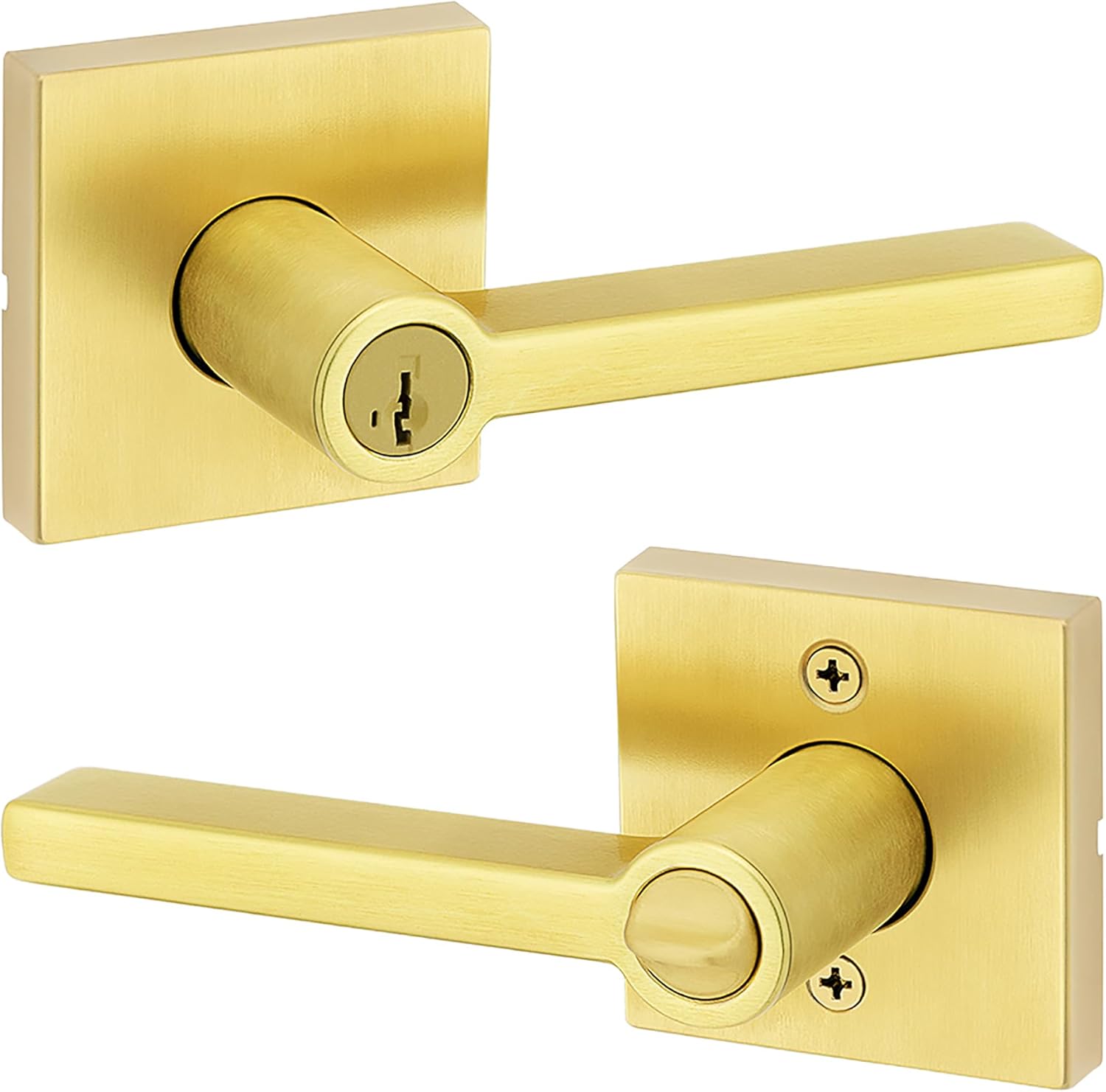 Kwikset Halifax Entry Door Handle with Lock and Key, Secure Keyed Reversible Lever Exterior, for Front Entrance and Bedrooms, Satin Brass, Pick Resistant Smartkey Rekey Security and Microban