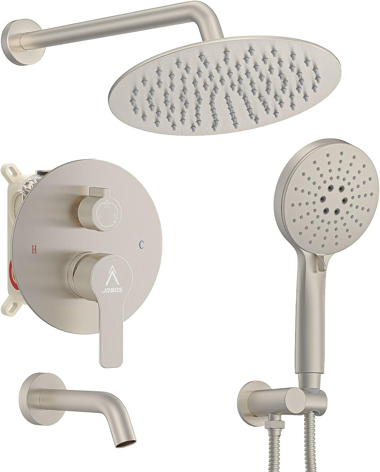 3 Functions Shower System，Modern Three-Setting 10-Inch Round Rain Shower Head and Faucet Set，Shower Faucet Set Complete Rough-in Valve and Trim Kit Included（Brushed Nickel）