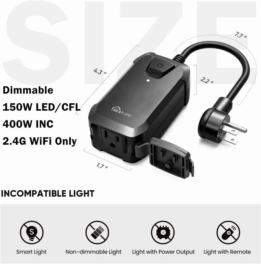 TREATLIFE Smart Dimmer Plug Outdoor Smart Plug Works with Alexa and Google Home, Light Dimmer APP Remote Control, Max Power 400W, IP44 for Dimmable Outdoor String Lights, Floor Lamp, Table Lamp