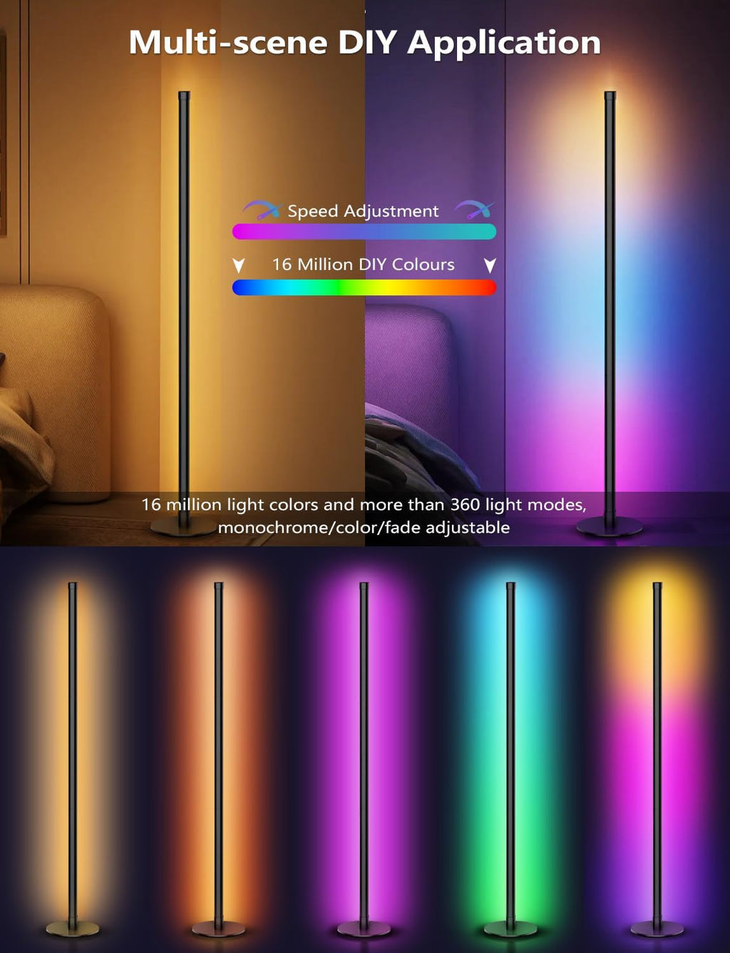 Corner Floor Lamp, Smart RGB Floor Lamp with Remote and APP Control, 16 Million Colors Floor Lamps for Living Room with Music Sync, Color Changing Ambient Lighting Corner Lamp for Bedroom Gaming Room