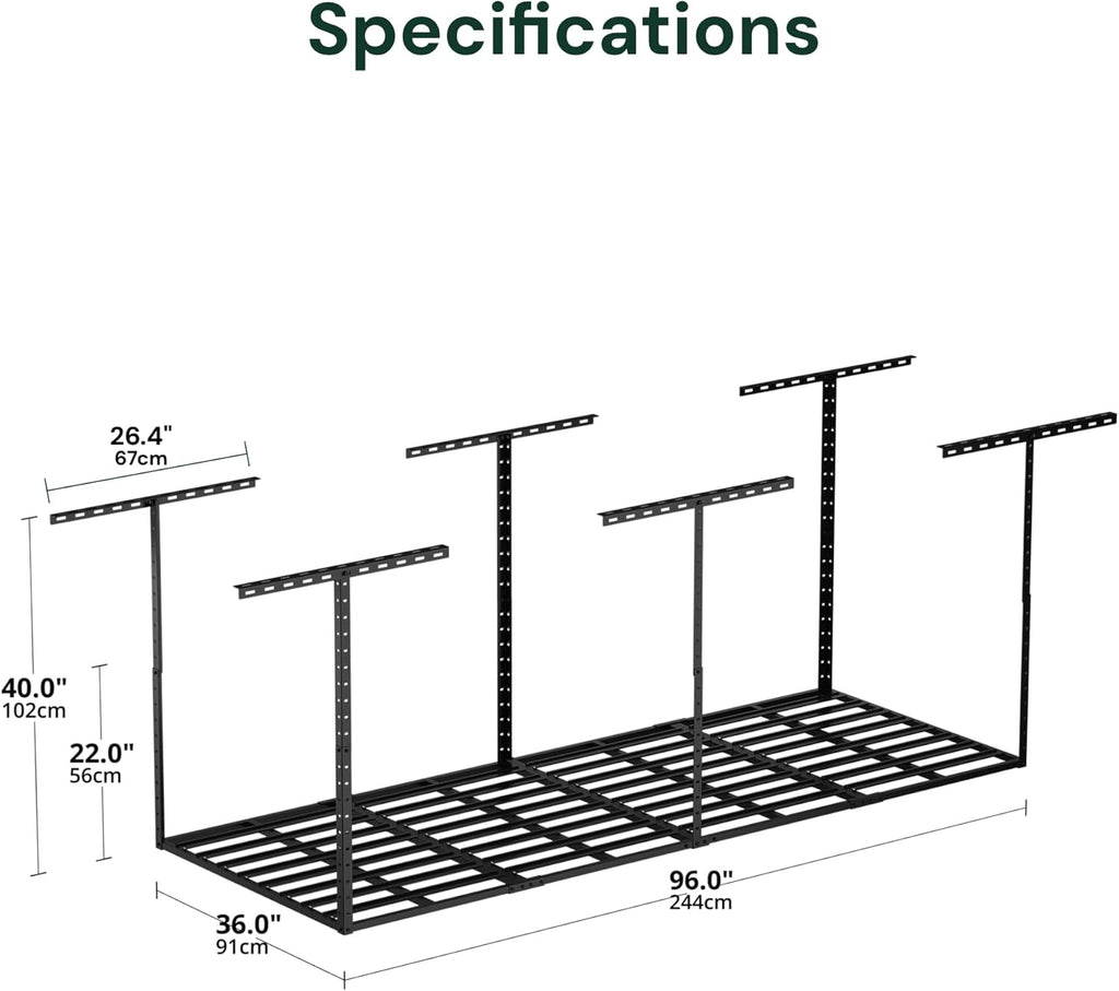 SunsGrove 3x8 Garage Storage Overhead Rack Organization, Adjustable Ceiling Mounted Storage Racks, 800LBS Weight Capacity, 22"-40" Ceiling Dropdown, 2 Pcs, Hammertone Black
