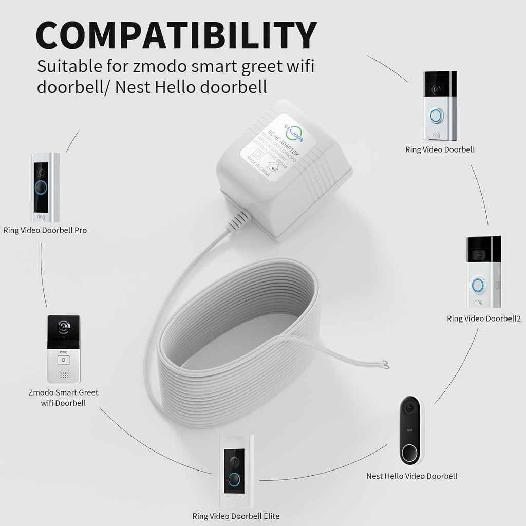 18V Video Doorbell Power Transformer,18Volt 500MA Doorbell Power Adapter, Compatible with Ring, Nest, Wyze, Arlo Wireless Video doorbell(26ft Cable,White)