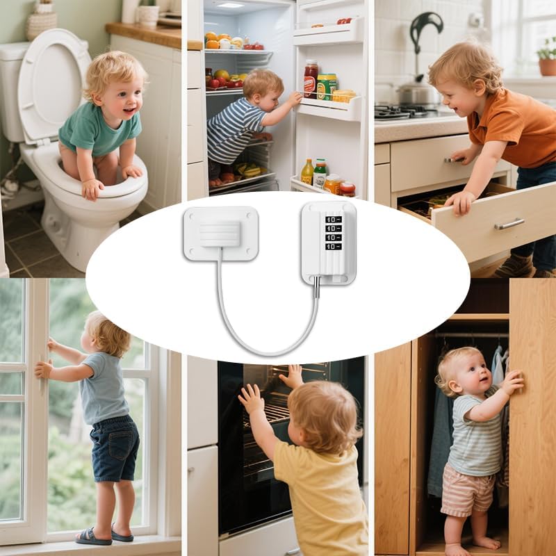 2 Pack Refrigerator Lock, Child Safety Cabinet Locks, with Combination Fridge Lock, for Fridge, Cabinets, Window, Drawers, Adhesive Installation, No Drilling Required(White)
