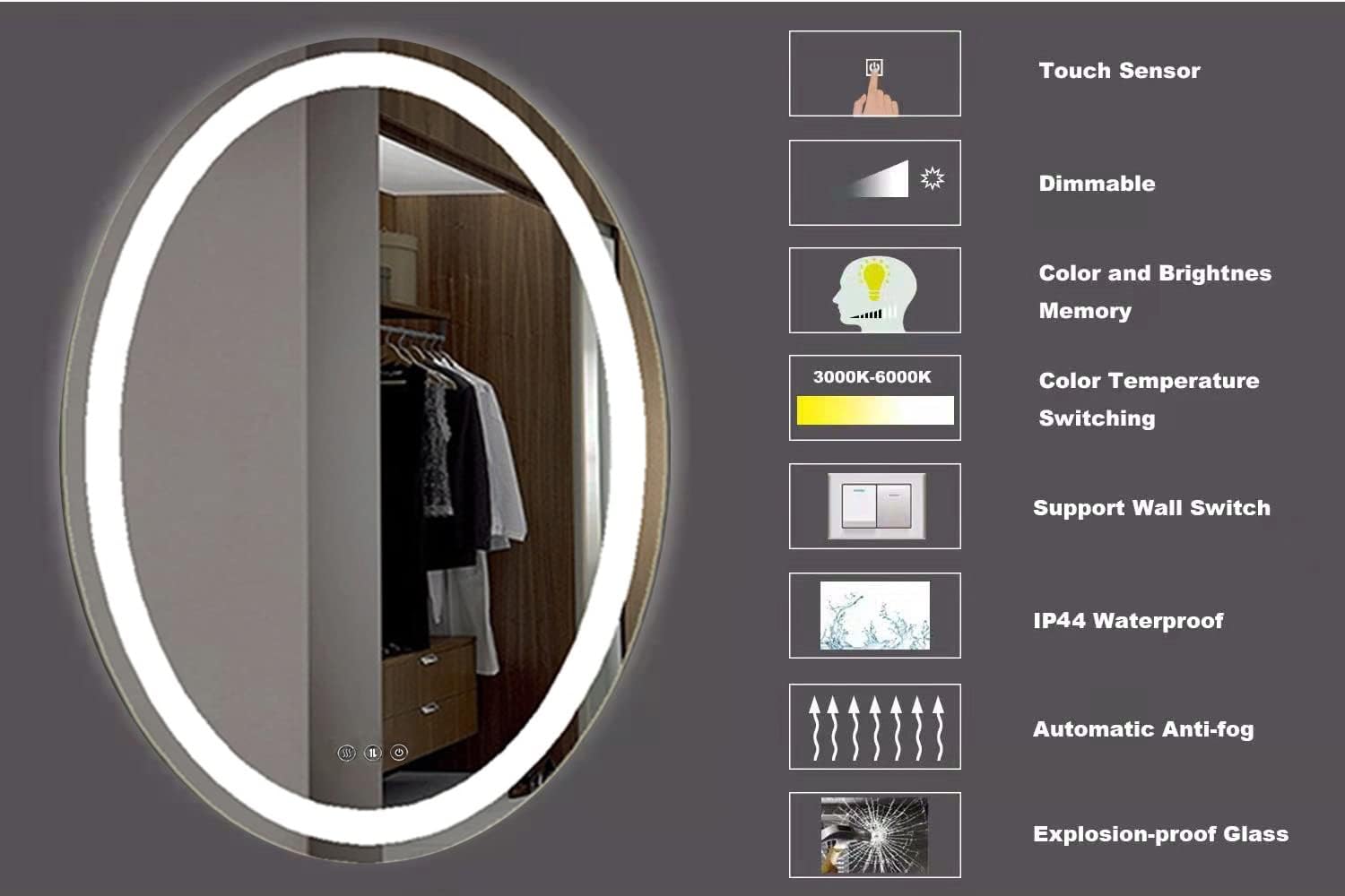 Large Oval Bathroom Mirror with Lights LED Lighted Bathroom Vanity Mirror 32 x 24 Inch Wall Mounted Vanity Mirror with 3 Color Lights Anti-Fog Waterproof & Smart Plug-in Mirror for Wall