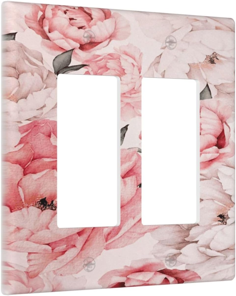 Decorative Outlet Covers Ink Pink Peony Flower Rustic Floral 2 Gang Light Switch Cover Plate Double Rocker Wall Plate Switch Plate Covers Faceplate for Home Bedroom Decor （2 Pack）