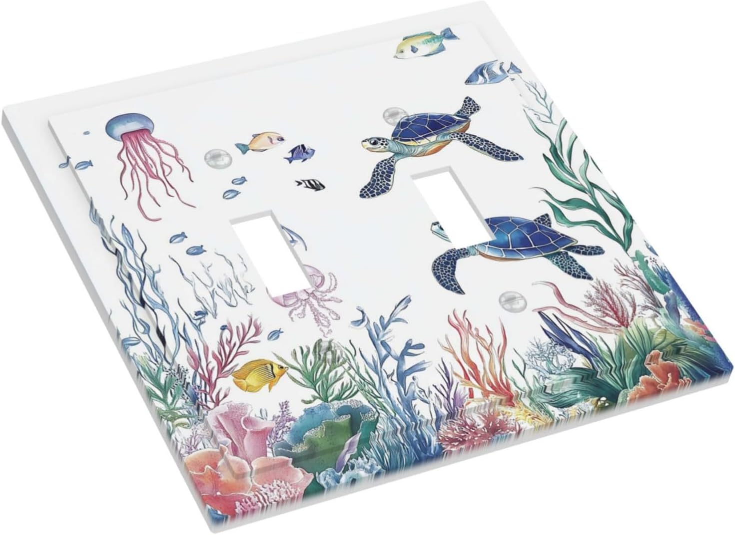 Blue Sea Turtle Ocean Fish Octopus Coral Decorative Switch Plates 2 Gang Double Toggle Outlet Light Switch Cover Wall Plate Electrical Faceplate For Bathroom Kids Room Decor