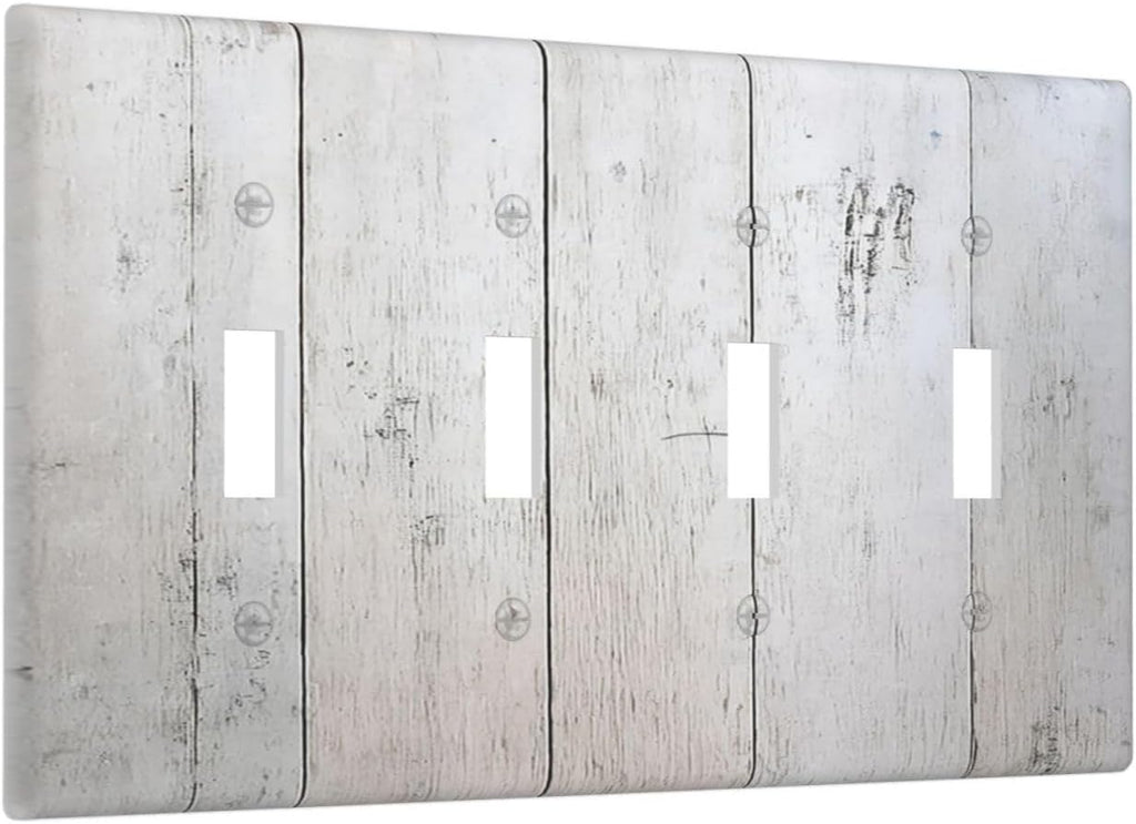 Rustic White Grey Wood Grain Light Switch Covers Quad Toggle 4 Gang Wall Plate Decorative Switch Plates Electrical Faceplate for Bedroom Bathroom Decor