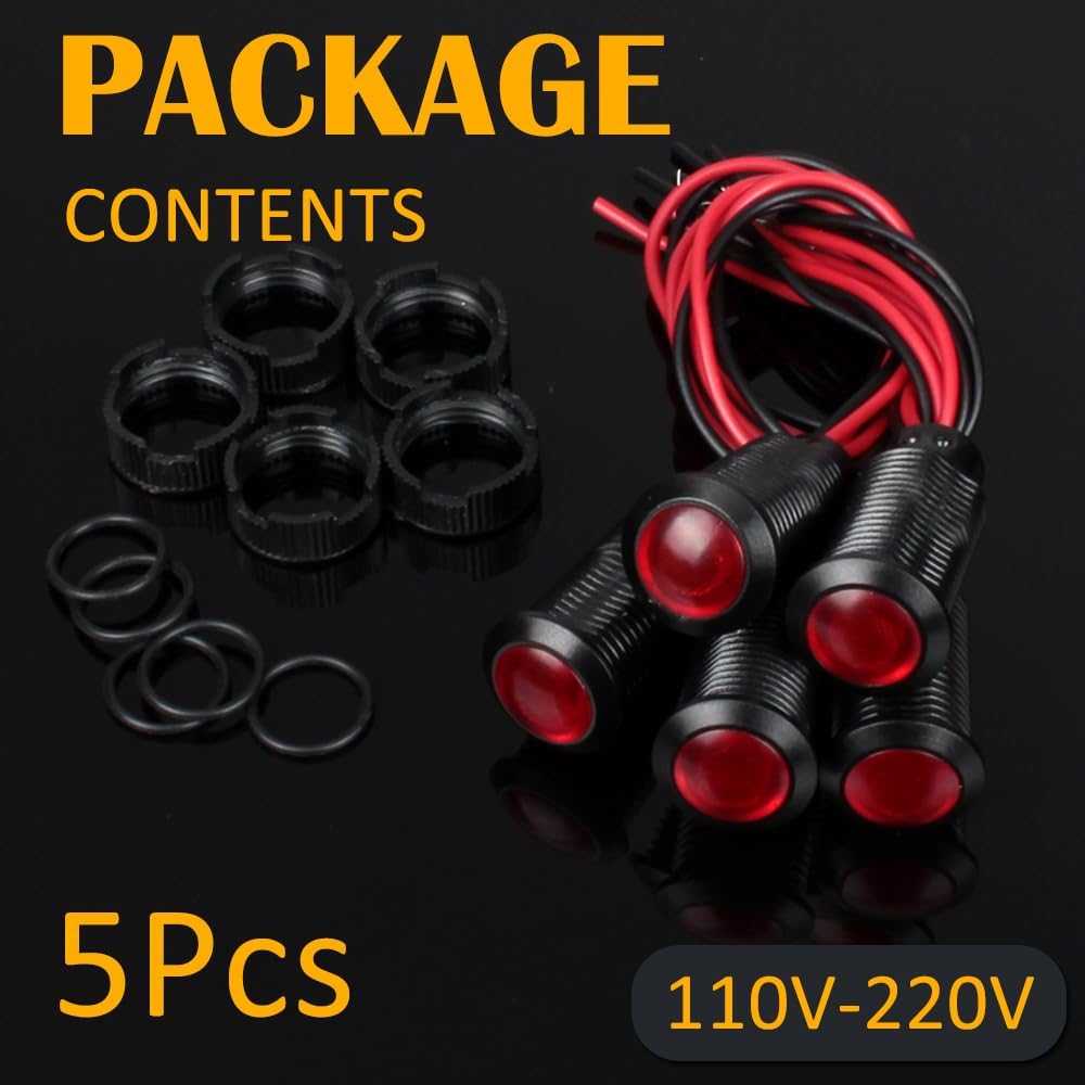 5pcs 12mm LED Indicator Light Plastic Black Signal Dot Lamp 110-220V AC 1/2 inches Mounting Hole Size with 15cm/5.9in. Wire (Red LED)