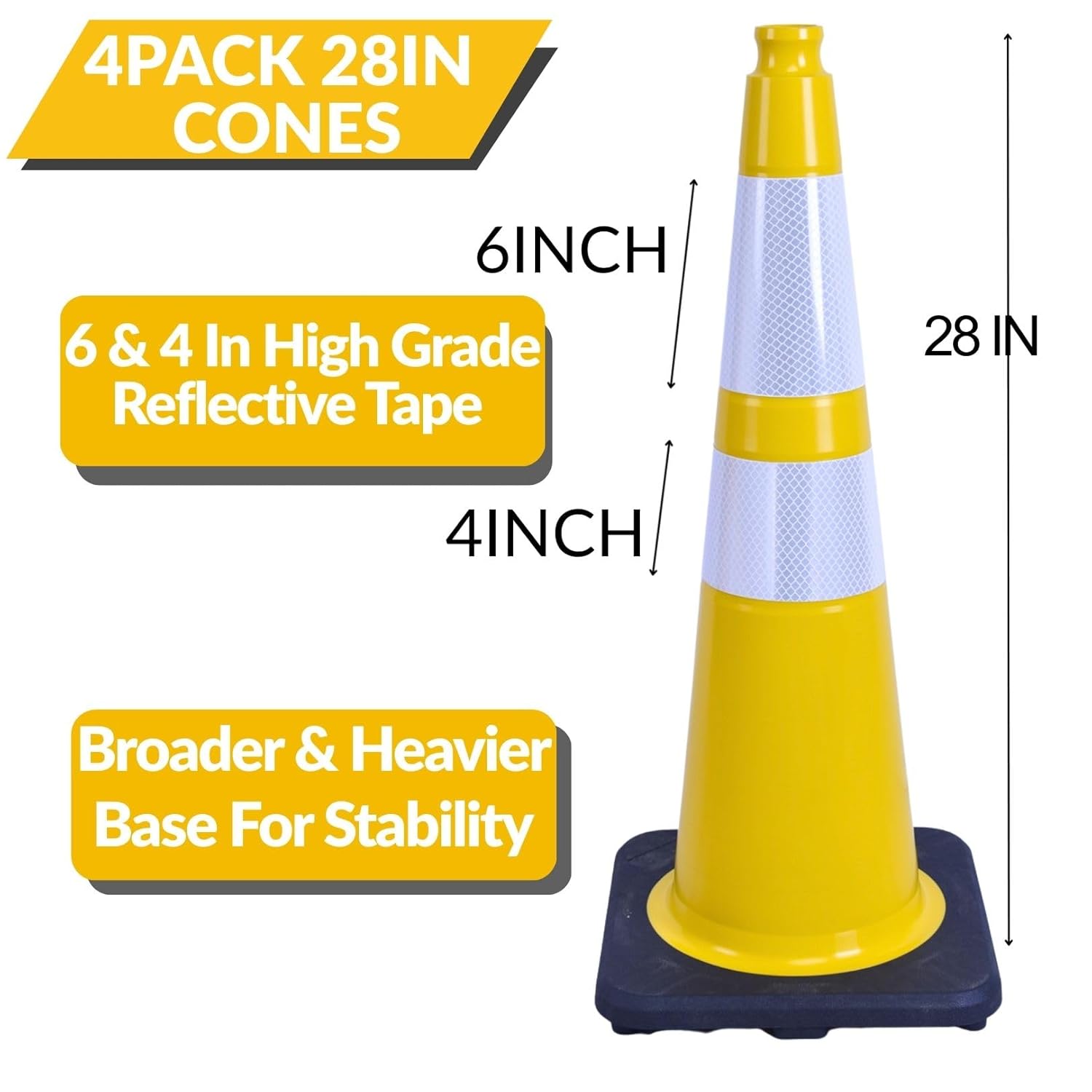 BESEA 4PACK 28” inch Traffic Safety Cones Yellow Road Parking Cones Heavy Duty Construction Cone Structurally Stable for Traffic Control at Public Place