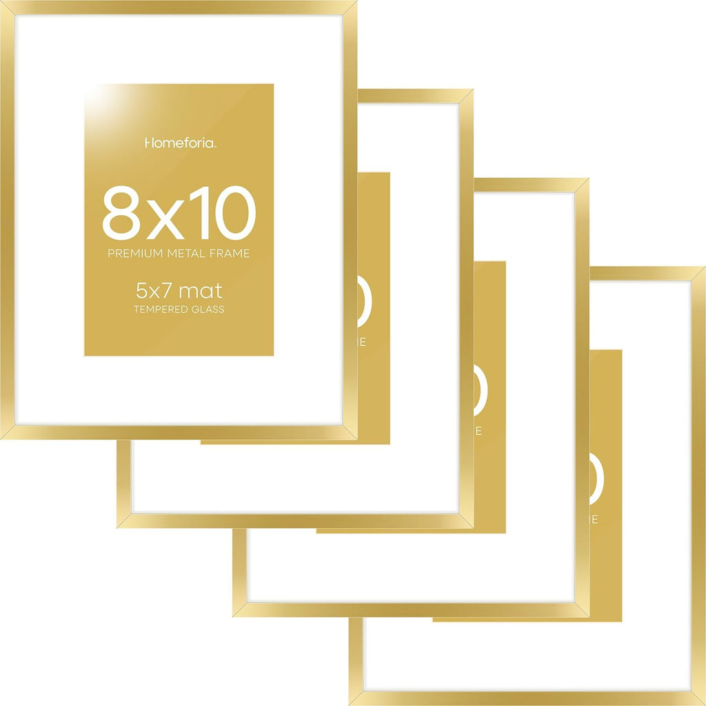 Homeforia 8x10 Picture Frame Gold, High End Metal 8 x 10 Photo Frames with Mat 5 by 7 Art, 10x8 Poster Frame Matted to 5x7 inch Print, 8by10 Wall or Tabletop Frames, Tempered Glass, Wall Kit, Set of 4