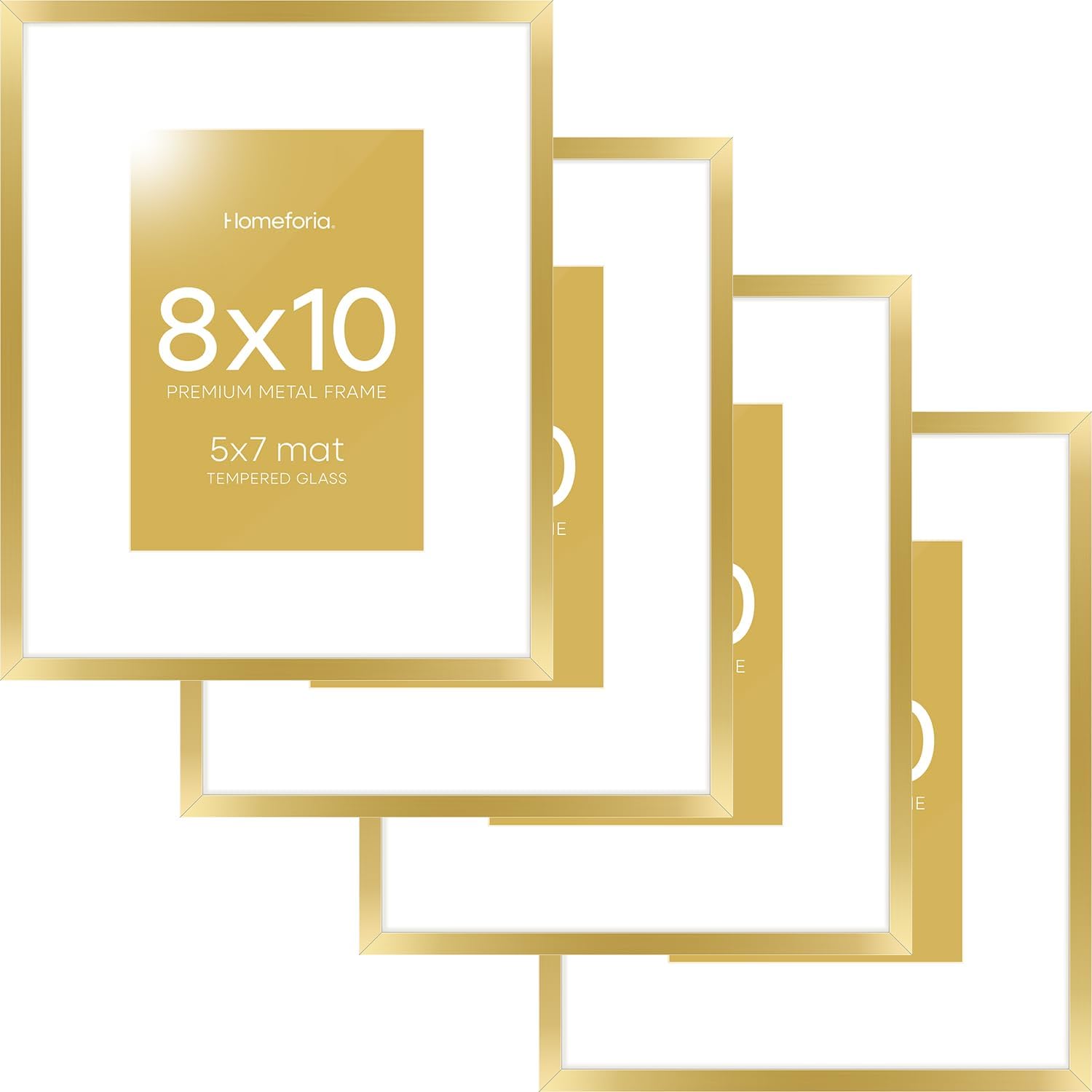 Homeforia 8x10 Picture Frame Gold, High End Metal 8 x 10 Photo Frames with Mat 5 by 7 Art, 10x8 Poster Frame Matted to 5x7 inch Print, 8by10 Wall or Tabletop Frames, Tempered Glass, Wall Kit, Set of 4