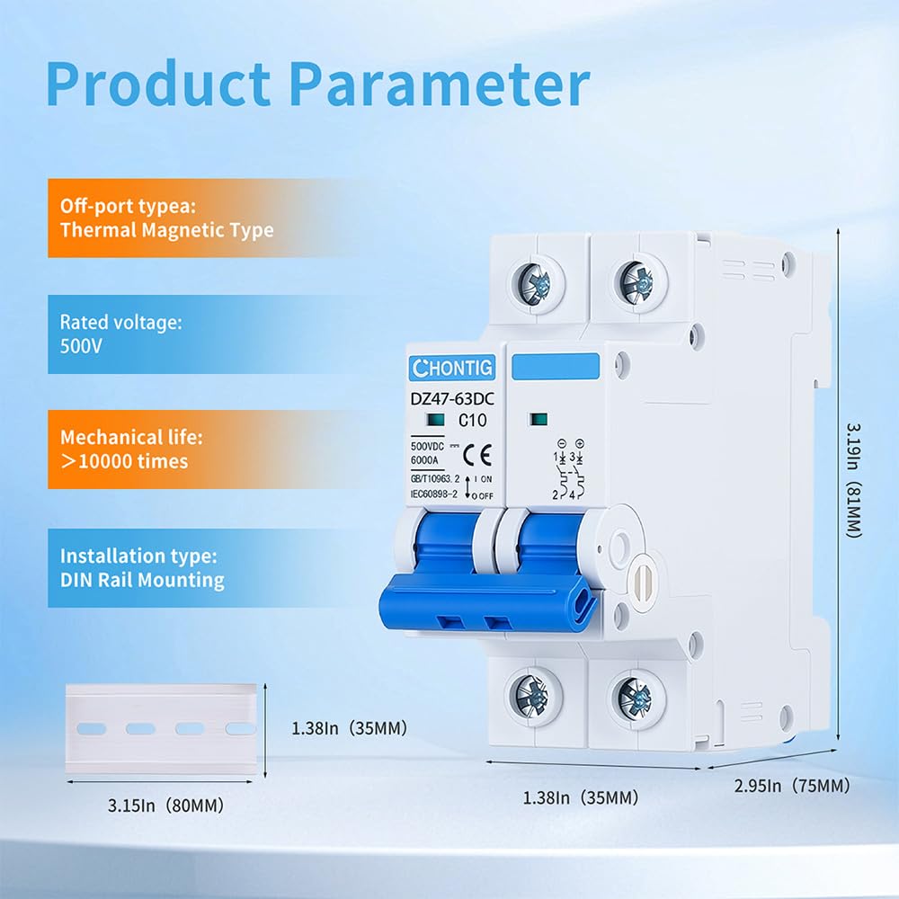 10 Amp Miniature DC Circuit Breaker 500V 2 Pole, Solar PV Disconnect Switch with Thermal Magnetic Trip, DIN Rail Mount Isolator C10