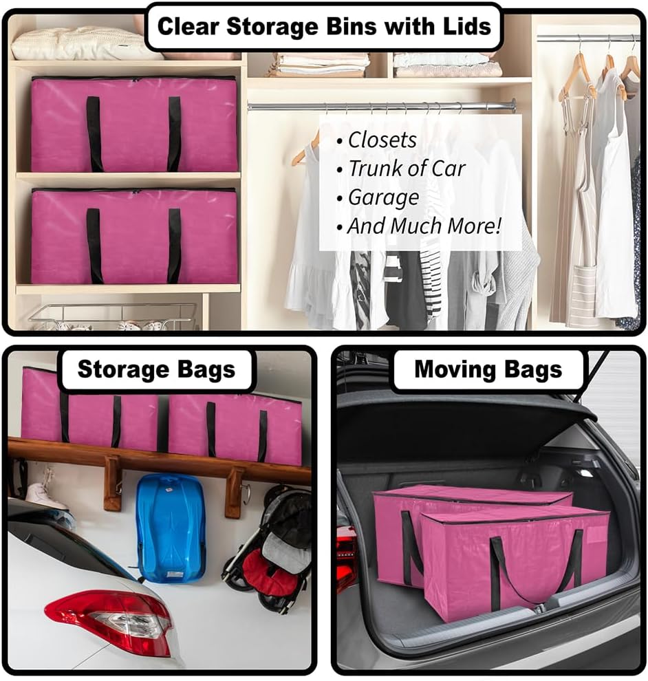 ClearSpace Heavy Duty Moving Bags or Storage Bags – Pink Storage Bins with Lids, Large Moving Boxes with Backpack Straps & Zippers,– Packing Box & Moving Supplies for College Dorm, 6 Pack