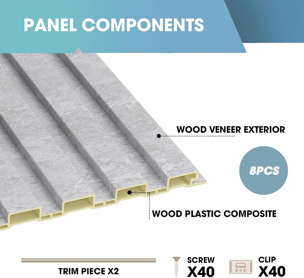 OUZUGIE WPC Acoustic Slat Wall Paneling, 8-Pack 114 x 6 Inches 3D Wall Panels for Interior Wall Decor,Living Room,TV Background,Study Room,Office Spaces,Bedroom,Low Grille (Gray Marble)