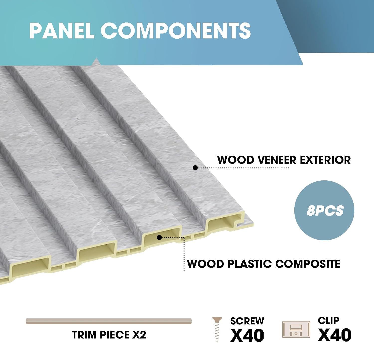 OUZUGIE WPC Acoustic Slat Wall Paneling, 8-Pack 114 x 6 Inches 3D Wall Panels for Interior Wall Decor,Living Room,TV Background,Study Room,Office Spaces,Bedroom,Low Grille (Gray Marble)