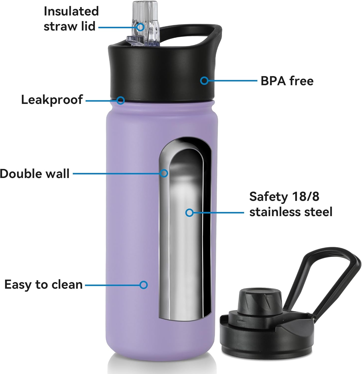 16 oz Insulated Water Bottle with Straw Lids, Stainless Steel Kids Water Bottles for School, Double Wall Vacuum Metal Water Bottle with Straw & Wide Mouth Lid, Lavender 8 Pack