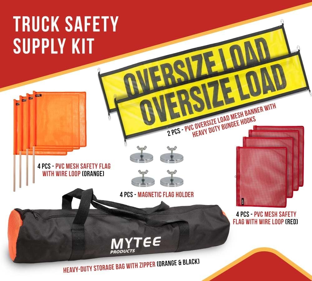 Mytee Products 15 Pcs Magnetic Oversize Load Sign Kit - 2 Mesh Oversized Load Banner, 8 Pcs Mesh Warning Flag w/Wood Dowel & Wire Loop, 1 Bag & 4 Magnetic Flag Holder for Construction, Pedestrian Sign