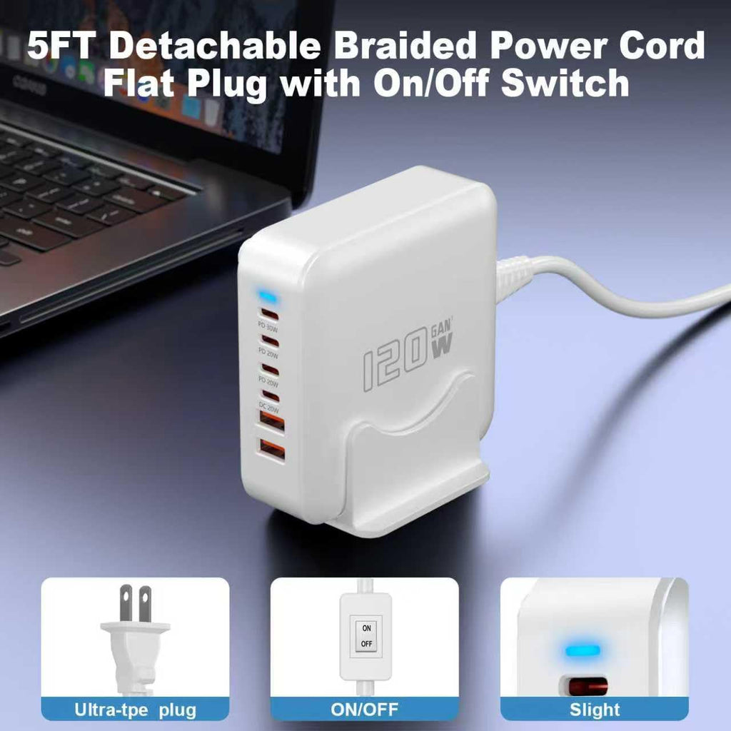 USB C Fast Charger Block, 120W 6-Port Charging Station GaN Hub Adapter, USB C Wall Multi Charger Power Strip Plug with On/Off Switch for iPad iPhone 17 16 15 14 13 12 Pro Max Galaxy S23 (White)