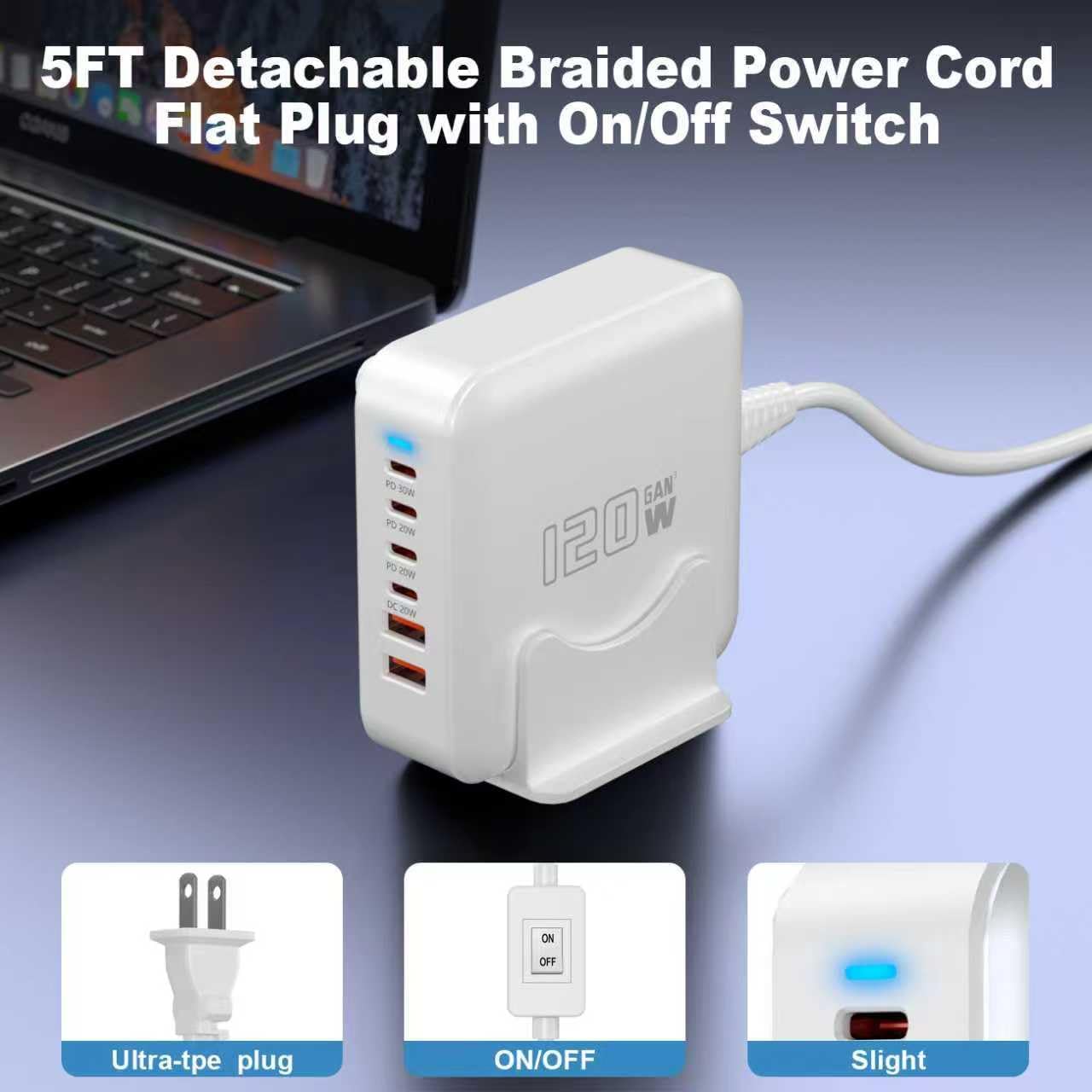 USB C Fast Charger Block, 120W 6-Port Charging Station GaN Hub Adapter, USB C Wall Multi Charger Power Strip Plug with On/Off Switch for iPad iPhone 17 16 15 14 13 12 Pro Max Galaxy S23 (White)