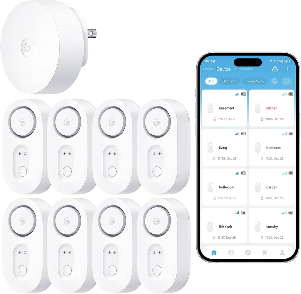 GoveeLife WiFi Water Leak Detector for Home Bundle with sub-Device with 105dB Adjustable Alarm,Water Sensor with 1804ft Long Monitoring Rang