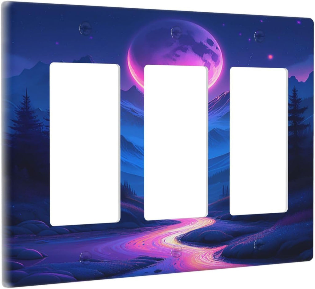 Purple Cyberpunk River Full Moon Mountain Forest Light Switch Covers 3 Gang Rocker Decorative Triple Outlet Wall Plate Cover Electrical GFCI Switchplate for Bedroom Bathroom Decor