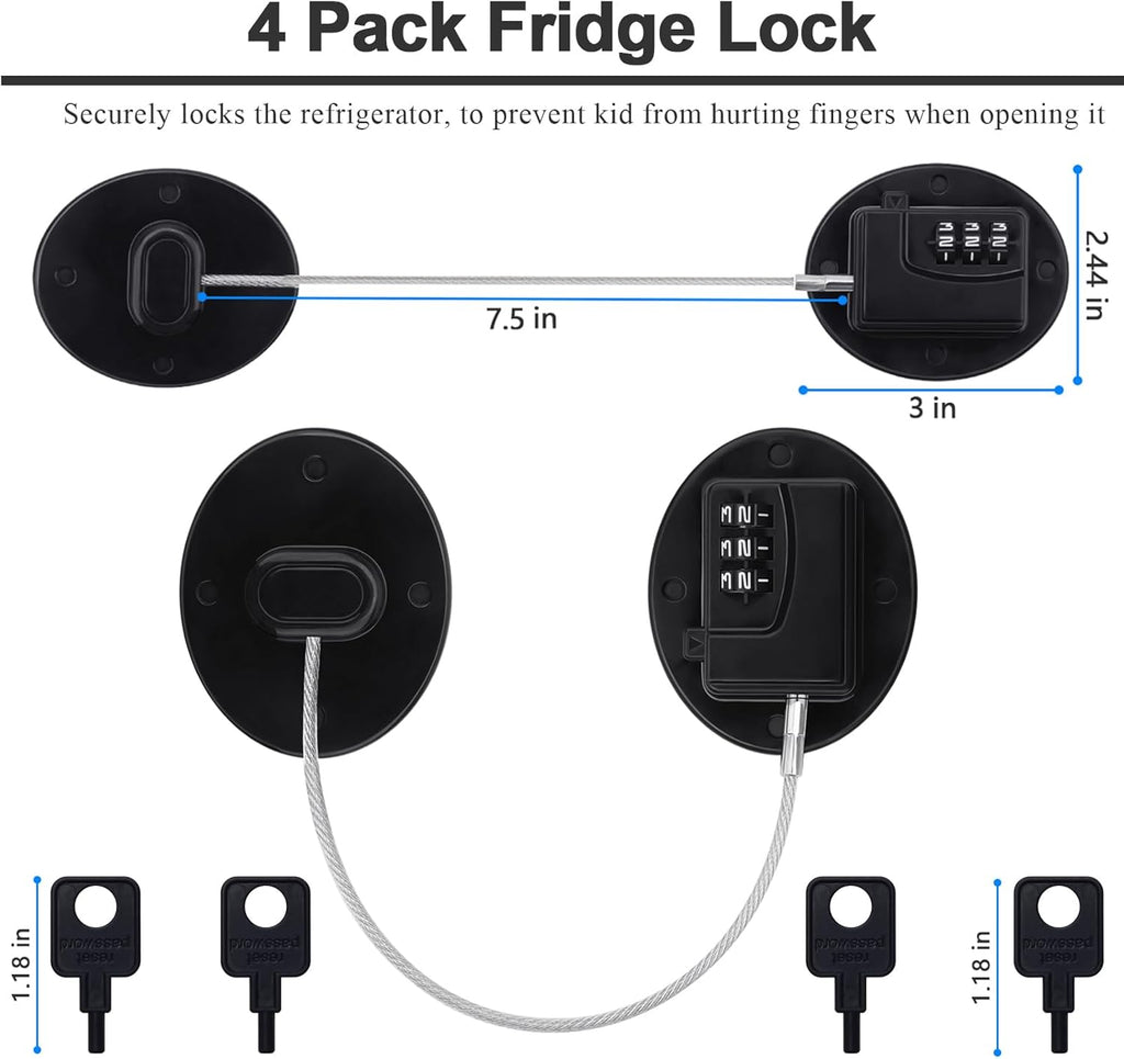 4 Pack Refrigerator Lock Combination, No-Drill Fridge Lock with Password Refrigerator Door Locking Safety Freezer Door (Black)