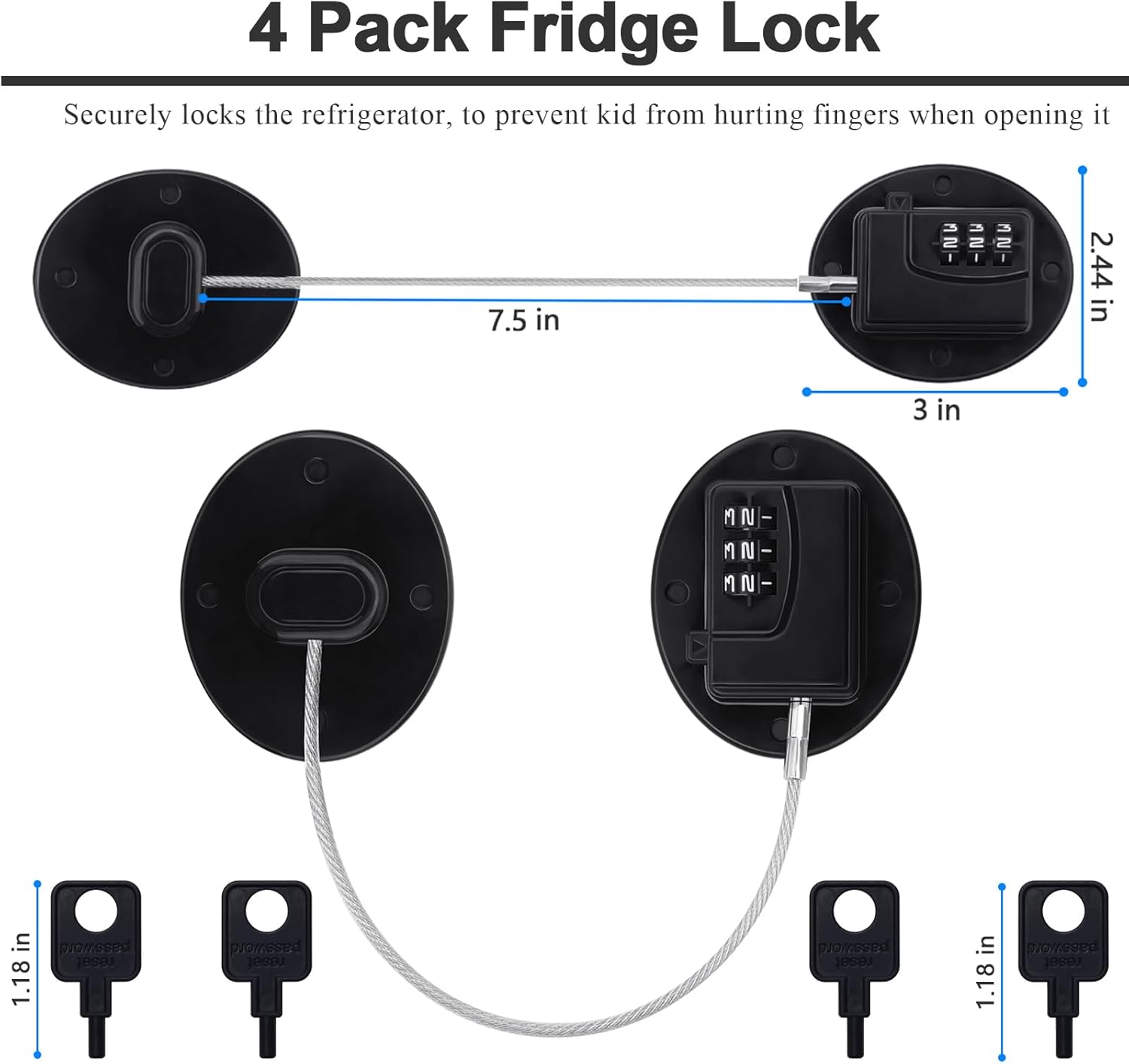 4 Pack Refrigerator Lock Combination, No-Drill Fridge Lock with Password Refrigerator Door Locking Safety Freezer Door (Black)