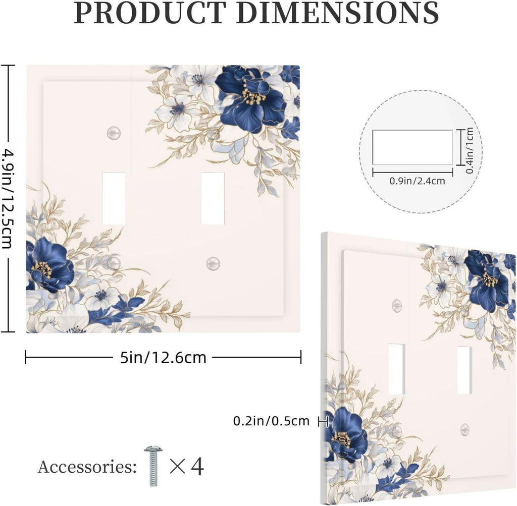 Decorative Light Switch Cover Plate Rustic Blue Beige Flower Peony Floral 2 Gang Outlet Covers Double Toggle Wall Plates for Electrical Outlets Switch Plate Covers Faceplate for Home Decor