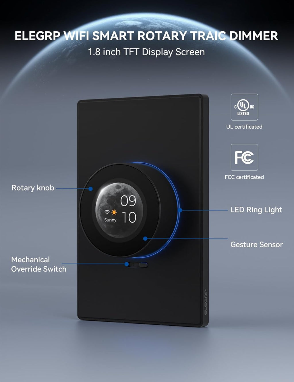 ELEGRP WiFi Smart Rotary Traic Dimmer with 1.8 inch TFT Display Screen, 3 Way, Needs Neutral Wire, 2.4GHz Wi-Fi, Compatible with Alexa and Google Home, No Hub Required, UL Listed, 2 Pack, Black