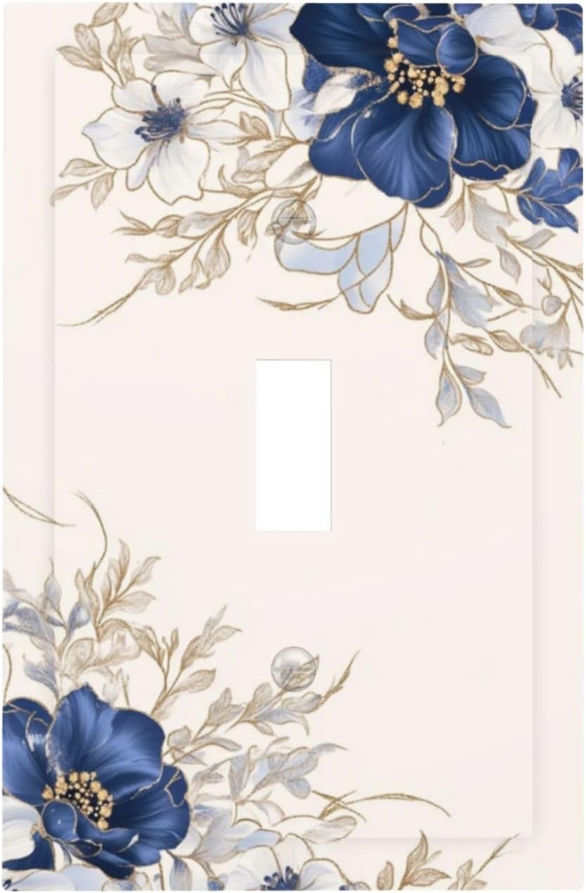 Decorative Light Switch Cover Plate Rustic Blue Beige Flower Peony Floral 1 Gang Single Toggle Wall Plates for Electrical Outlets Outlet Covers Switch Plate Covers Faceplate for Home Decor