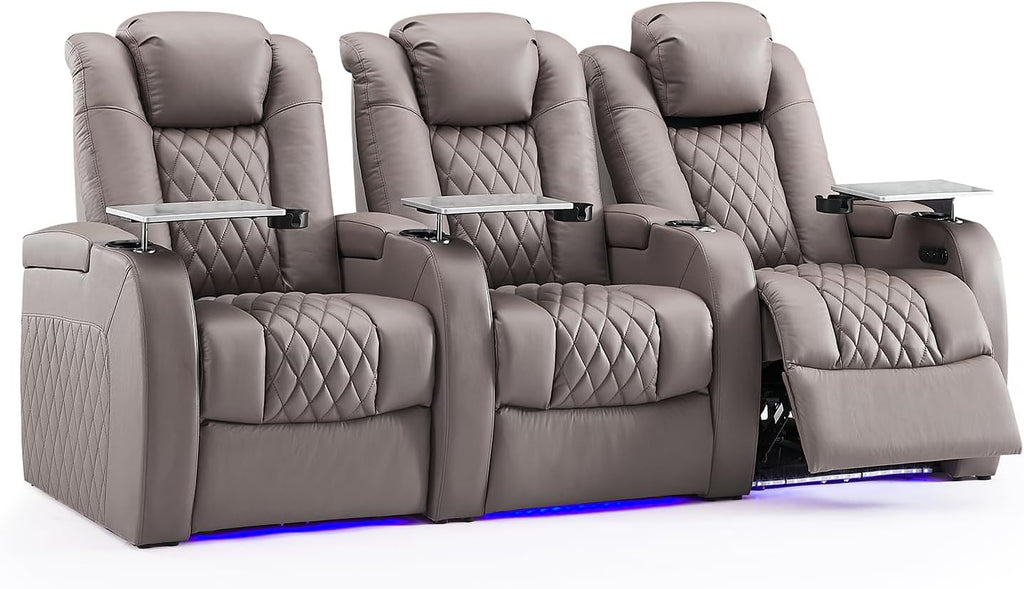 Weilianda Home Theater Seating Top Grain Leather Zero Gravity Recliner Chair Power Headrest Recline Movie Seat Gaming 7 Colors Mood Light Sofa with Tray Table USB Charge Row of 3 Grey