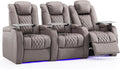 Weilianda Home Theater Seating Top Grain Leather Zero Gravity Recliner Chair Power Headrest Recline Movie Seat Gaming 7 Colors Mood Light Sofa with Tray Table USB Charge Row of 3 Grey