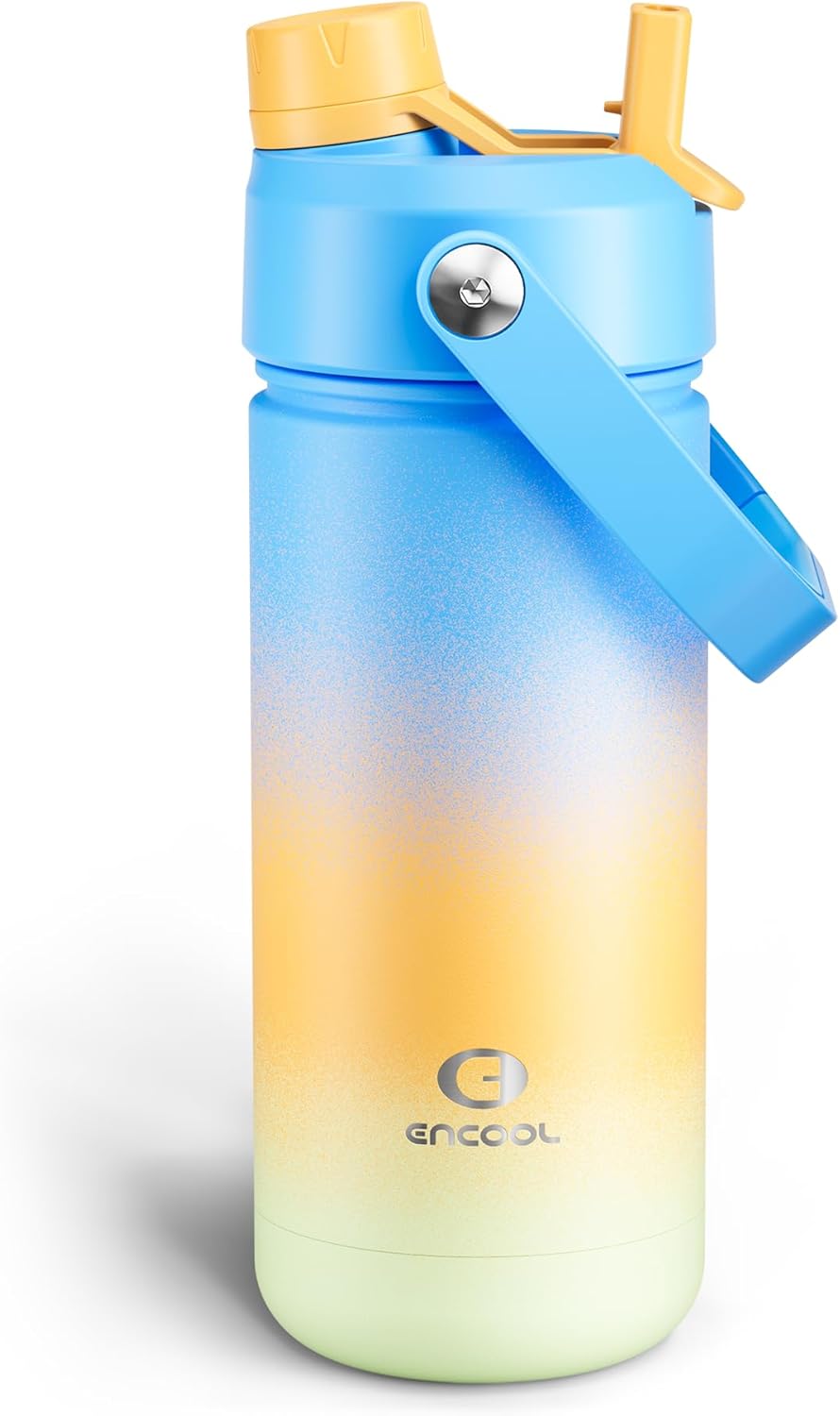 ENCOOL Insulated Water Bottle with Straw Stainless Steel Water Bottle, Leak-Proof, BPA-Free, Double Wall Vacuum Keeps Cold for 24 Hours for Sports, Travel, School (18 oz, Sunny Breeze)