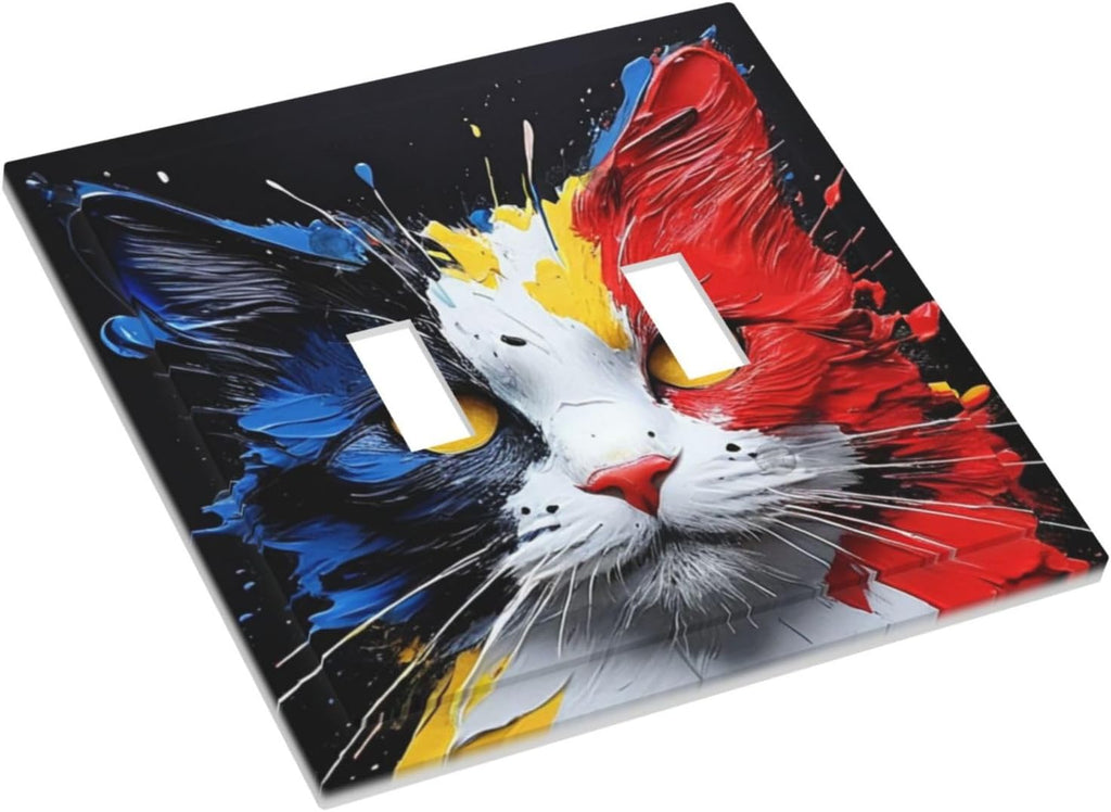 Decorative Light Switch Cover Plate Colorful Doodle Cute Funny Black Red White Cat 2 Gang Wall Plate Oversized Double Toggle Two Switch Wall Cover Plate Dual Faceplate