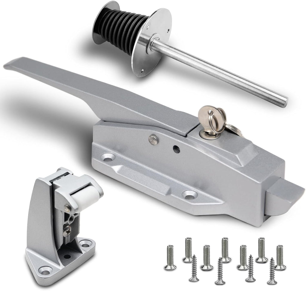 Walk in Cooler Door Closer Complete Latch Kit, Walk in Cooler Door Handle Radial Latch, Offset -1/5 In-3/5 in(Offset) and 5.9" Solid Metal Interior Release Handle (Foggy White)