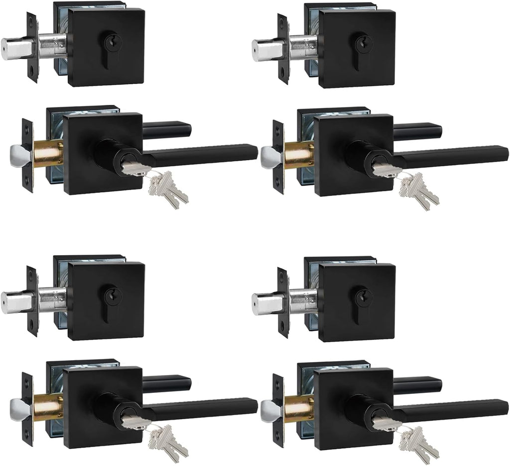 Keyed Entry Door Handle with Single Cylinder Deadbolt, Keyed Alike(Same Keys Only Per Set) Front Door/Exterior Door Lever Lockset, Matte Black, 4 Sets of Locks with 4 Sets of Different Keys