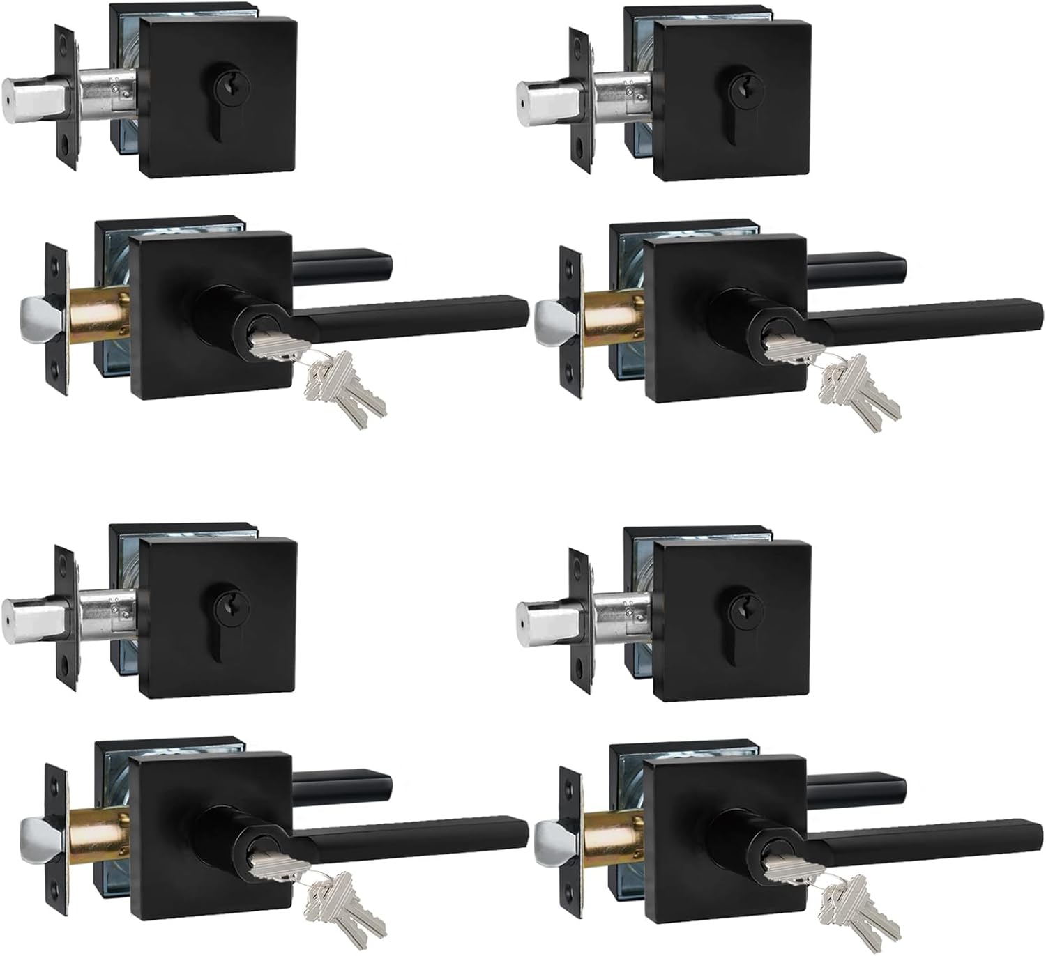 Keyed Entry Door Handle with Single Cylinder Deadbolt, Keyed Alike(Same Keys Only Per Set) Front Door/Exterior Door Lever Lockset, Matte Black, 4 Sets of Locks with 4 Sets of Different Keys