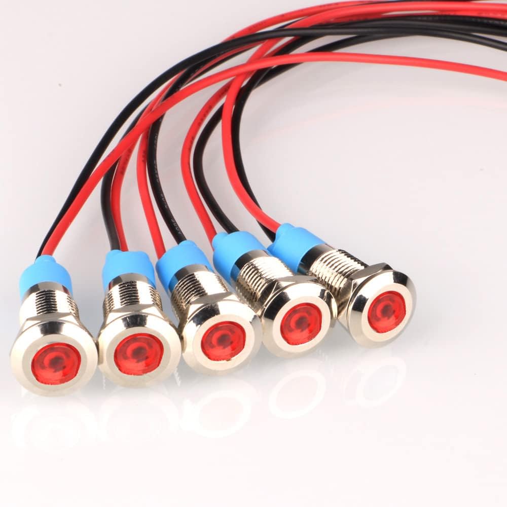 5pcs 8mm LED Metal Indicator Light AC/DC 12-24V Waterproof Signal Lamp Pilot Dash Directional with Wire(Red)