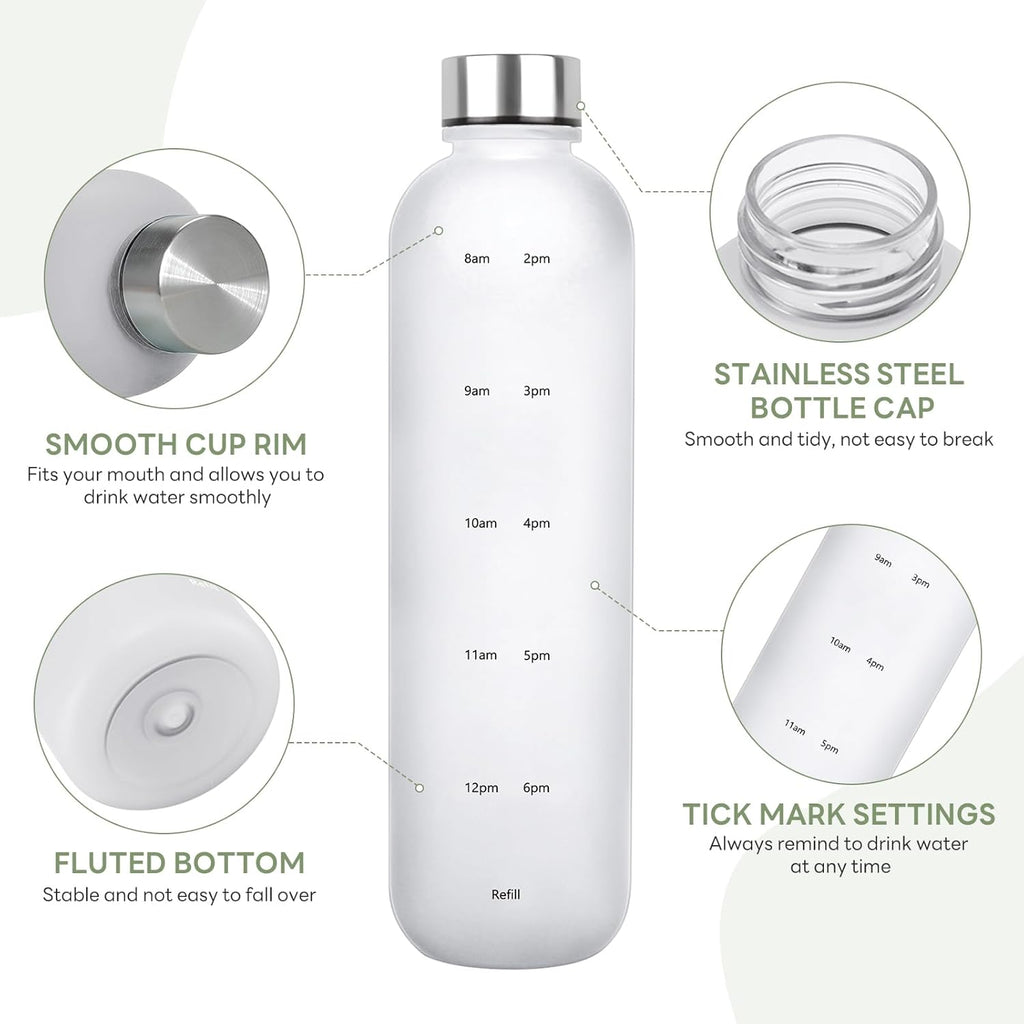 1L（33 oz） daily tracking schedule time hours reminder motivational day goals hydration capacity measured marker tracker plastic wide mouth measurements water bottle