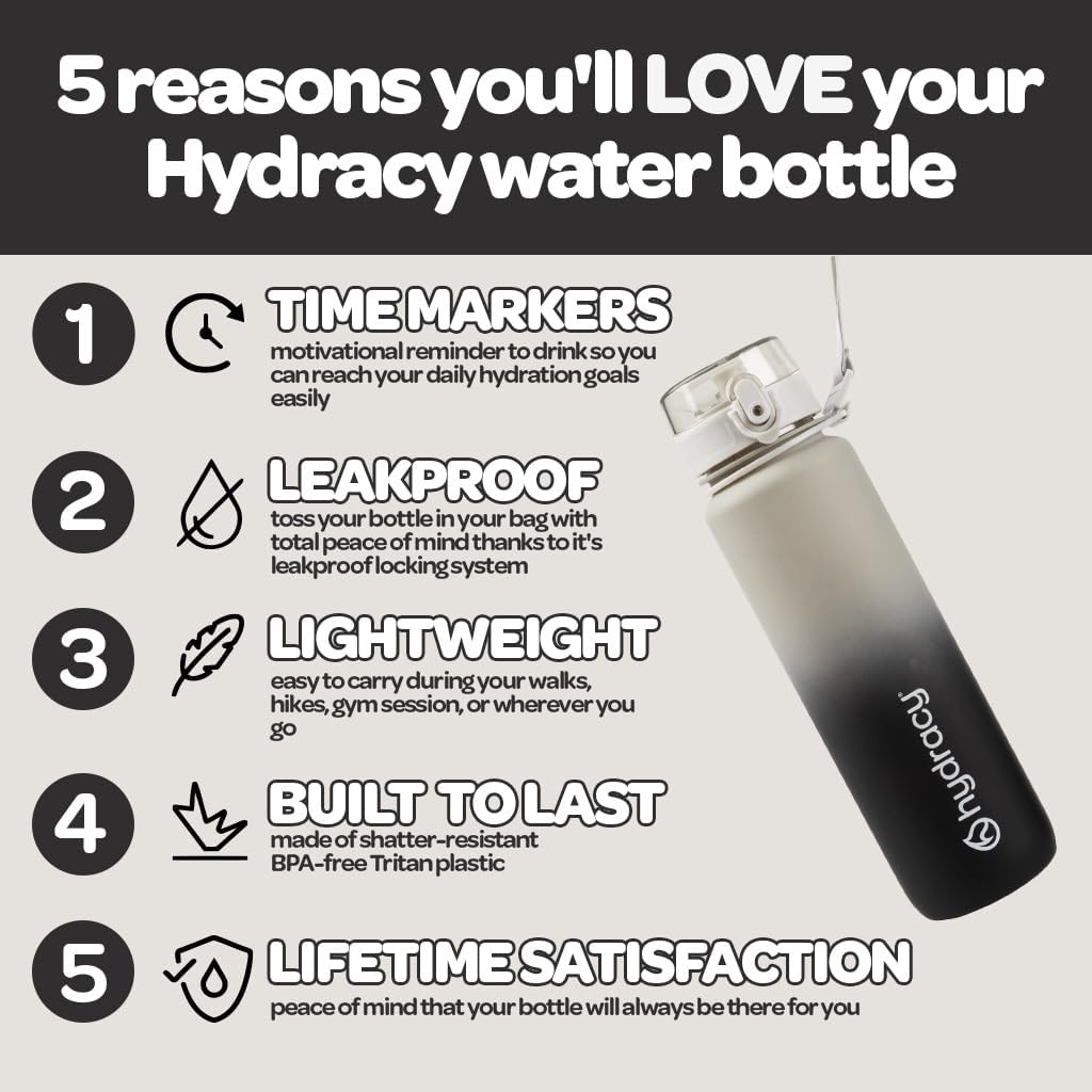 Hydracy Water Bottle with Time Marker -Large 32oz BPA Free Gradient Water Bottle - Leak Proof Gym Bottle with Fruit Infuser Strainer & Times to Drink -Ideal for Fitness Sports & Outdoors
