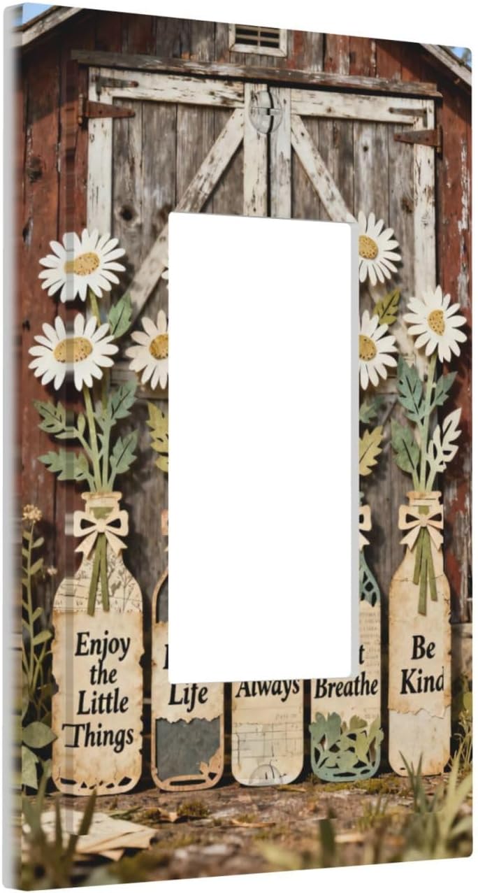 Rustic Daisy Barn Door Flowers 1 Gang Single Rocker Decorative Light Switch Covers Electrical Faceplate Switch Plates for Bathroom Kitchen Home