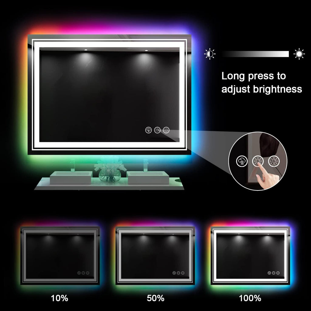 LED Mirror for Bathroom, 48"X36" with 8 RGB Backlit +3 Front Lit (Adjustable Individually), Anti-Fog, Large Lighted Bathroom Vanity Mirror for Wall,Shatterproof,Memory Function,Tempered Glass