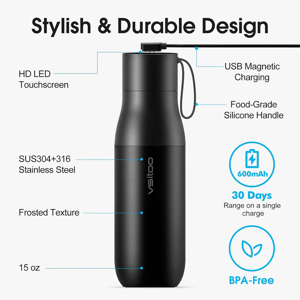VSITOO 15oz Smart Self Cleaning Water Bottle，Insulated Water Bottle with Stainless Steel, BPA-Free, AI Self-Clean, 30-Day Battery, Magnetic Charging for Travel, Gym or Office, Black