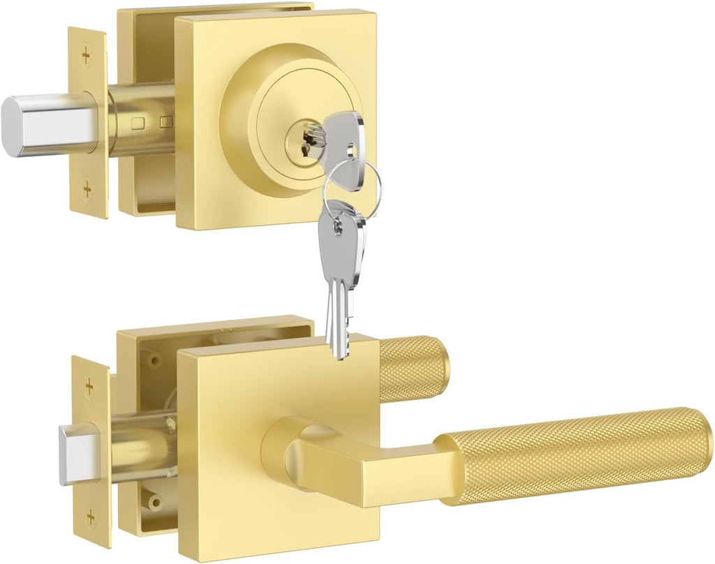 Asidrama Premium Gold Zinc-Alloy Front Door Lock Set: Double Cylinder Deadbolt, Heavy Duty Security Handleset for Left/Right Exterior Doors, Universal Entry Locks (4 Pack)