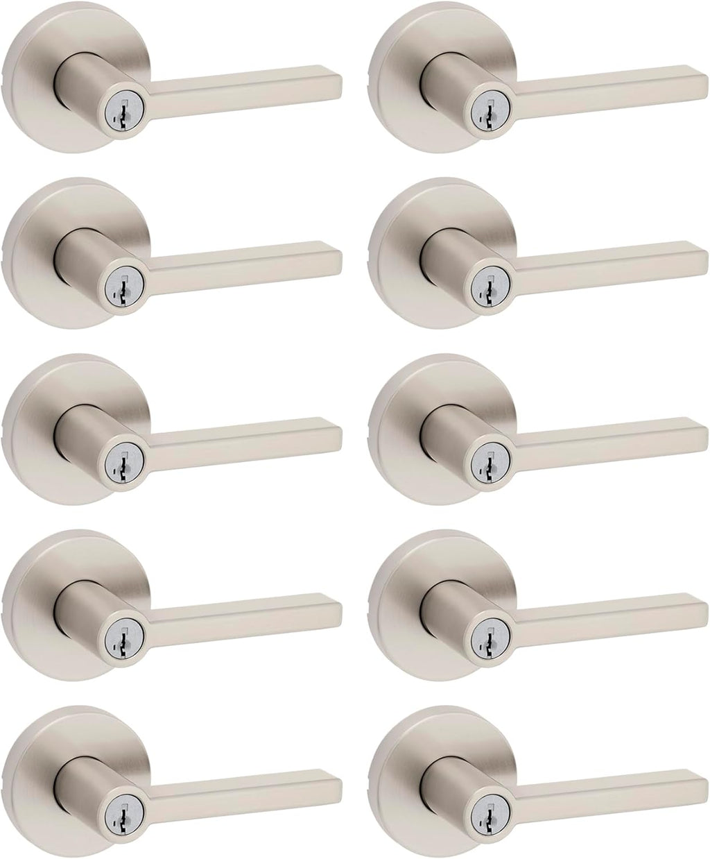 Kwikset Halifax Entry Door Handle with Lock and Key, Secure Keyed Reversible Lever Exterior, For Front Entrance and Bedrooms, Satin Nickel, 10 Pack, Pick Resistant SmartKey Rekey Security and Microban